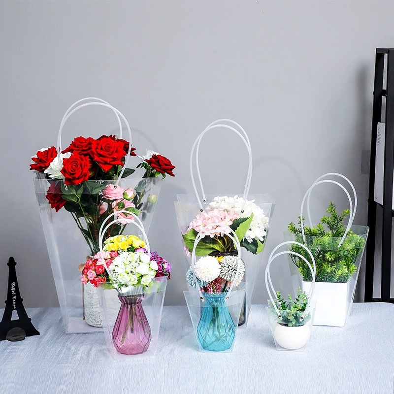 花伴影梯形透PVC鲜花手提袋防水OPP塑料正方形礼盒礼袋花束包装袋