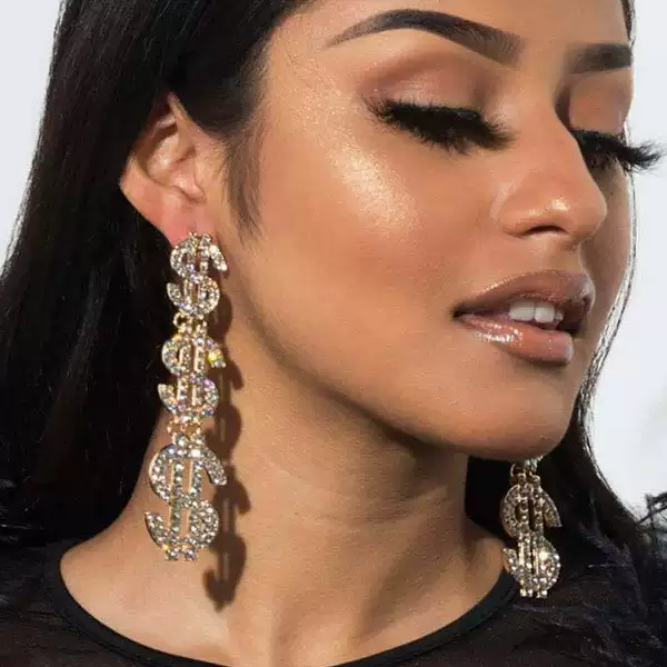 Cross-Border Dollar Sign Long Earrings European and American Style Street Fashion Rhinestone Drop Earrings Accessories for Women, Sparkling Rhinestone Earrings