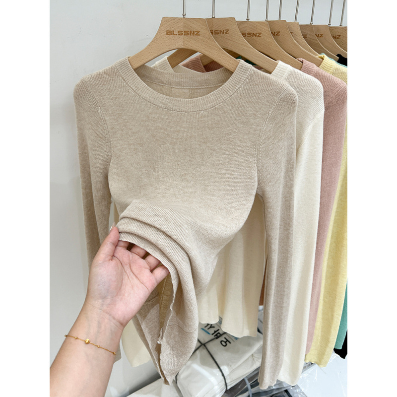 Mint Green Oatmeal Color Pullover Knitted Bottoming Shirt for Women in Spring & Fall, Slim, Thin, Sweet and Spicy, Slightly See-Through Inner Long-Sleeved Top