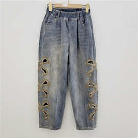 欧洲站牛仔裤2025新款女夏季薄款破洞宽松哈伦裤刺绣烫钻九分裤