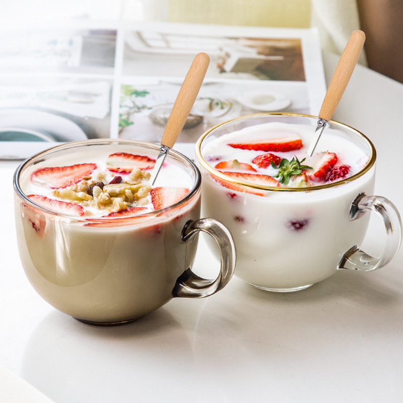 Children's Glass Cup Water Cup Household Set Breakfast Cup with Lid Spoon Milk Powder Oatmeal Milk Cup Large Capacity