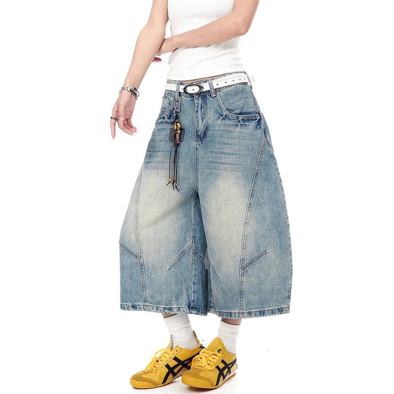 American High Street Retro Washed Deconstructed Scimitar Denim Cropped Pants for Men and Women Summer Wide-Leg Loose Straight Mid-Pants Shorts