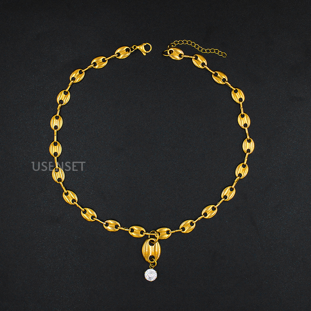 Fashion Geometric Titanium Steel Gold Plated Zircon Pendant Necklace