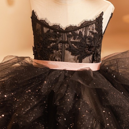 Children's Black High-end Heavy Work Tulle Train Dress for 6th International Children's Day, Child Fashion Show Host, Stylish Piano Performance Costume