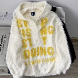 美式复古软糯连帽字母毛衣男秋冬季宽松慵懒垂坠百搭针织衫情侣款