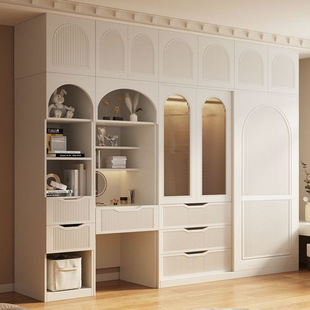 Modern Simple French Glass Small Apartment Integrated Desk Wardrobe Cream Style Sliding Door Wardrobe Home Bedroom