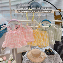 夏季外贸两件套格子控蝴蝶结吊带套装女童洋气格子背心裙裤网红