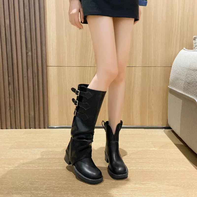 复古西部牛仔长靴女2025新款秋季粗跟堆堆靴美德拉可拆卸两穿靴子