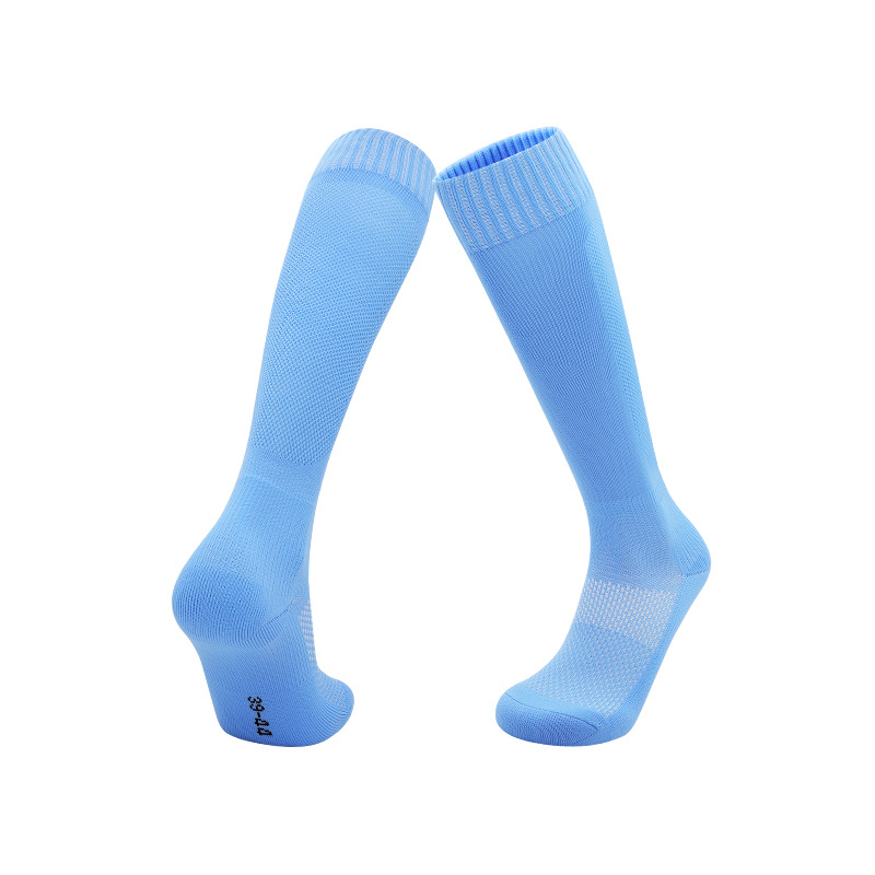 Calcetines de fútbol transfronterizos de color liso, finos, de alta elasticidad, para otoño e invierno, con base de rizo, calcetines deportivos por encima de la rodilla para niños, calcetines transpirables para hombre.