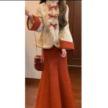 新中式国风盘扣加绒棉服外套&蓬蓬捏褶半身长裙富家千金套装裙子