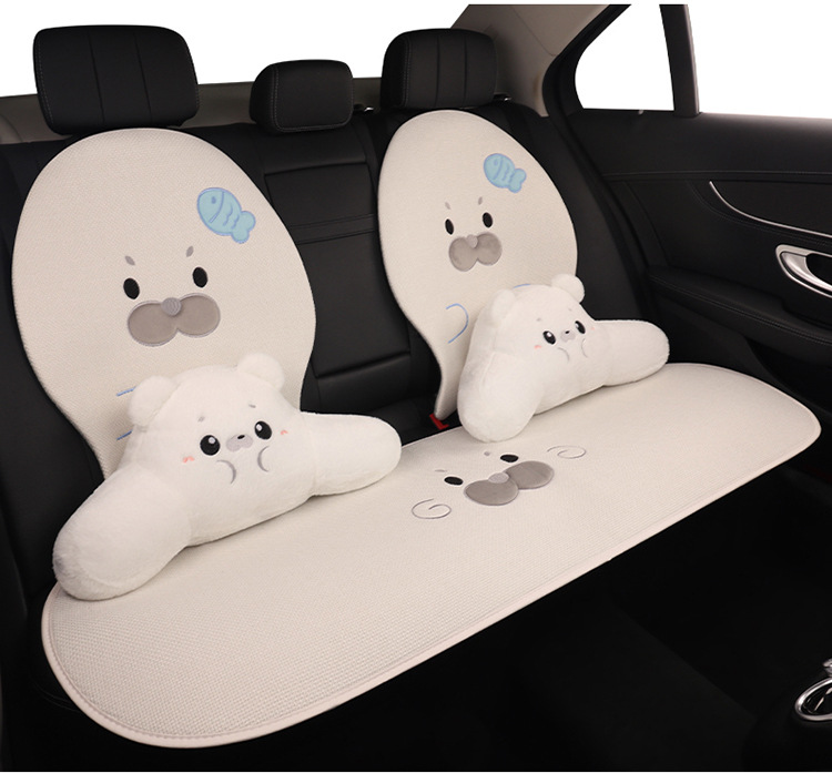 Car Seat Cushion Made of Linen Material with Seal Pattern, Suitable for All Seasons, Available as a Single Piece or a Three-Piece Set, with Optional Car Ventilation Cushion