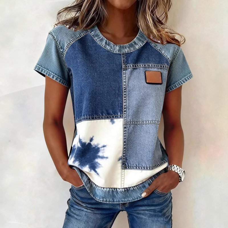 Cross-Border 2026 New Style Imitation Denim Women's Short-Sleeved T-Shirt 3D Digital Printing Summer Top European and American Fashion Women's Clothing Cross-Border 2026 New Style Imitation Denim Women's Short-Sleeved T-Shirt 3D Digital Printing Summer Top European and American Fashion Women's Clothing