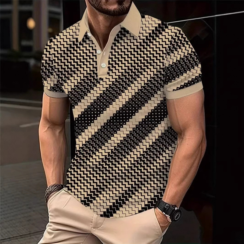 Cross-border polo shirt, short-sleeved geometric stripe slim-fit T-shirt, casual commuting turn-down collar T-shirt, quick-dry polo