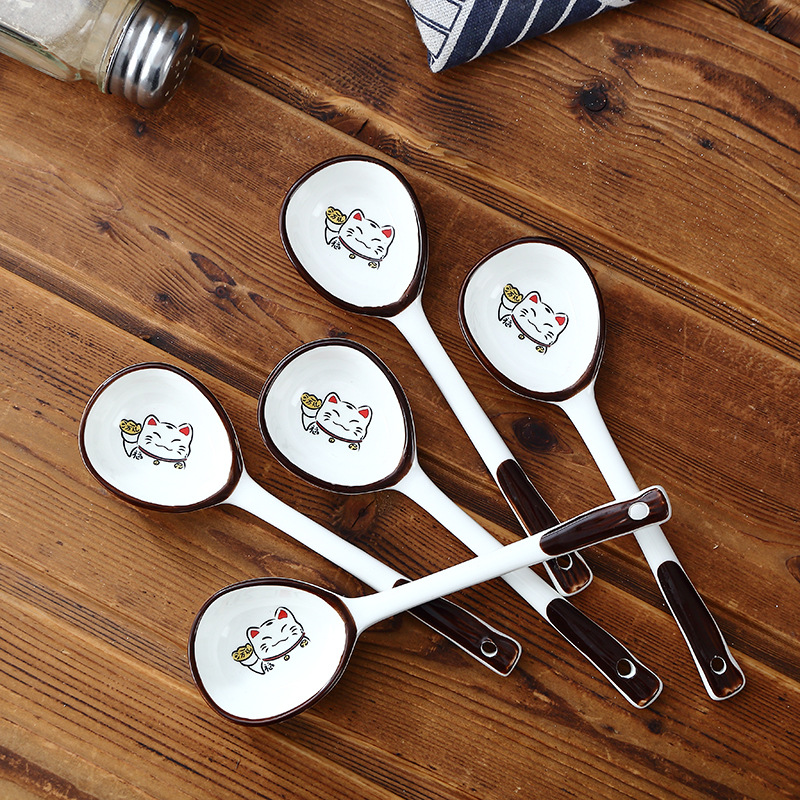 [New] 가정용 만화 도자기 스푼 일본 스프 스푼 긴 손잡이 둥근 머리 스프 스푼 스프 스푼