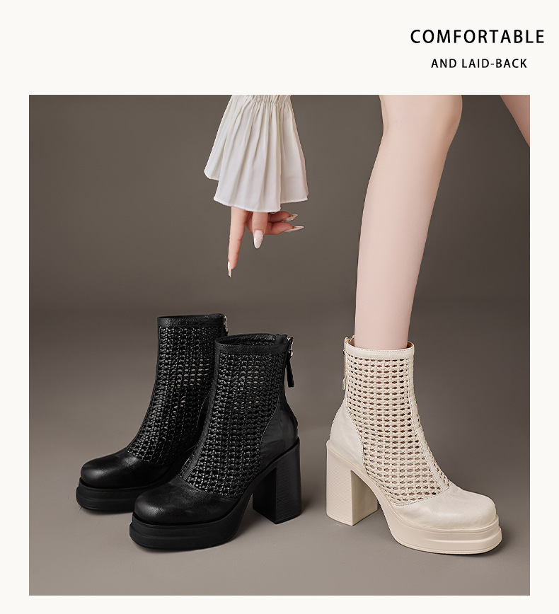 Boot lưới nữ da thật cổ thấp gót vuông 9 cm đi hè — màu đen, màu trắng ngà chi tiết 10
