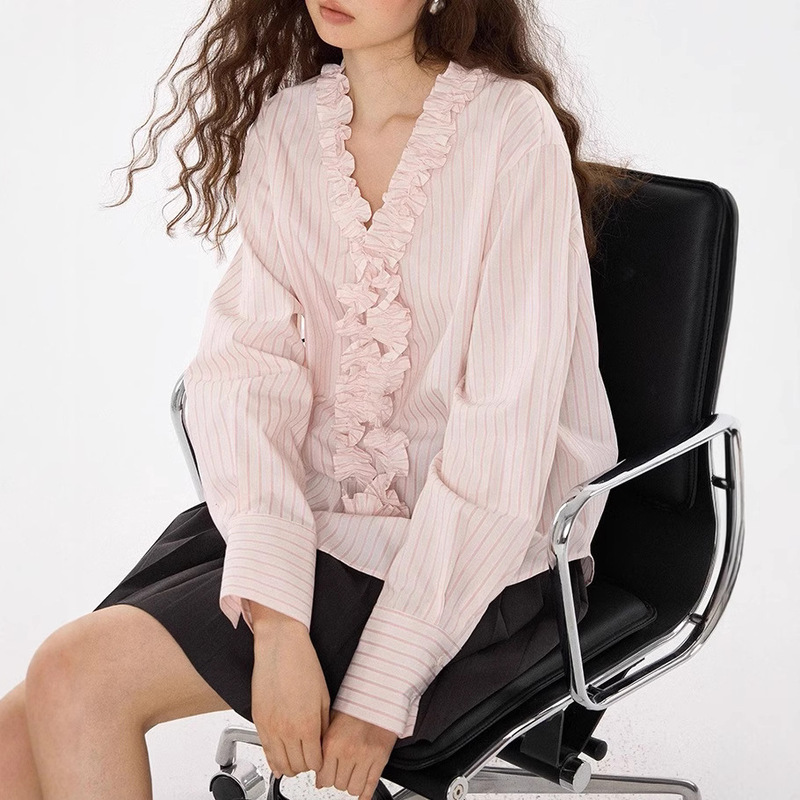 Stripe controlled cotton loose slimming lace striped shirt spring new casual versatile top