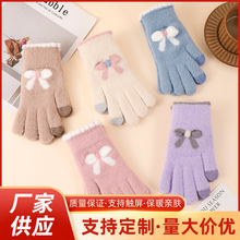 可触屏蝴蝶结手套女秋冬季毛线针织保暖五指可爱学生冬天骑车新款