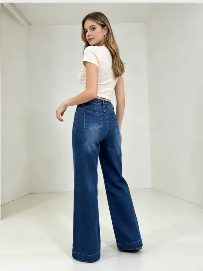 Jeans de Mujer de Pierna Ancha de Mezclilla de Algodón, Cintura Alta, Alta Elasticidad, para Uso Casual