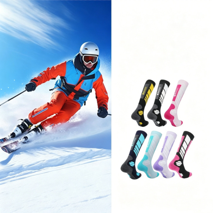 Color-Blocked Thickened Over-The-Knee Ski Socks with Terry Cushioning, Warm Ankle Protection, Snow Socks for Snowboarding, Skiing, Mountaineering, and Outdoor Sports