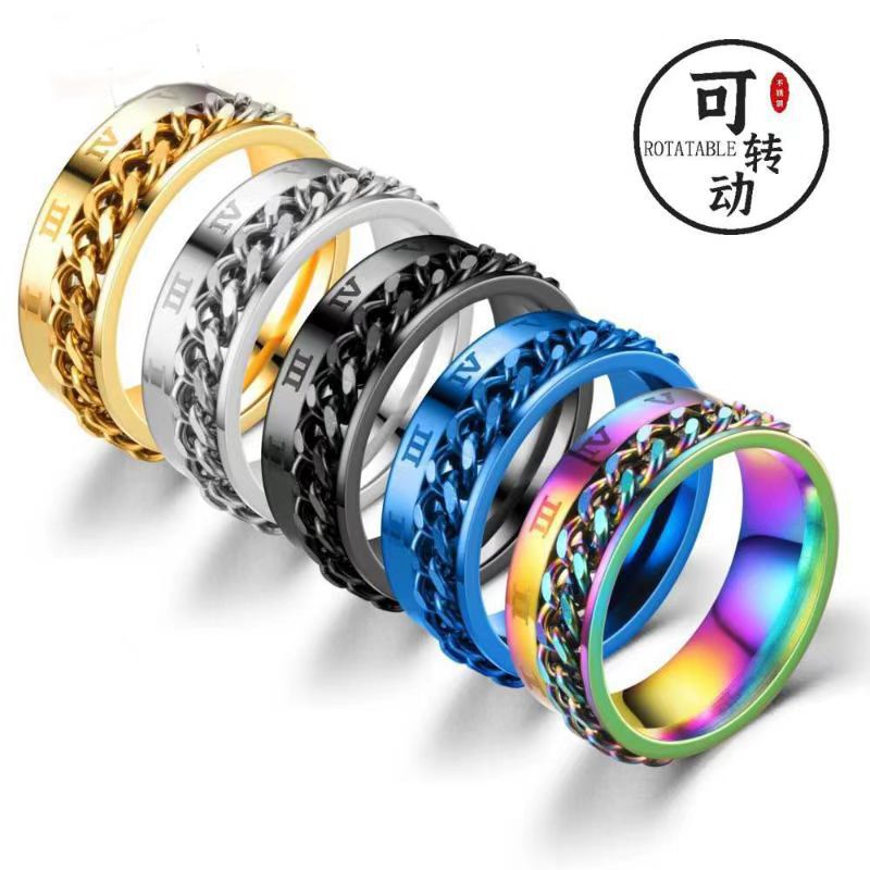 Simple Personality Transporter Jewelry Men's Titanium Steel Jewelry Rotatable Roman Numerals Chain No Falling Couple's Ring