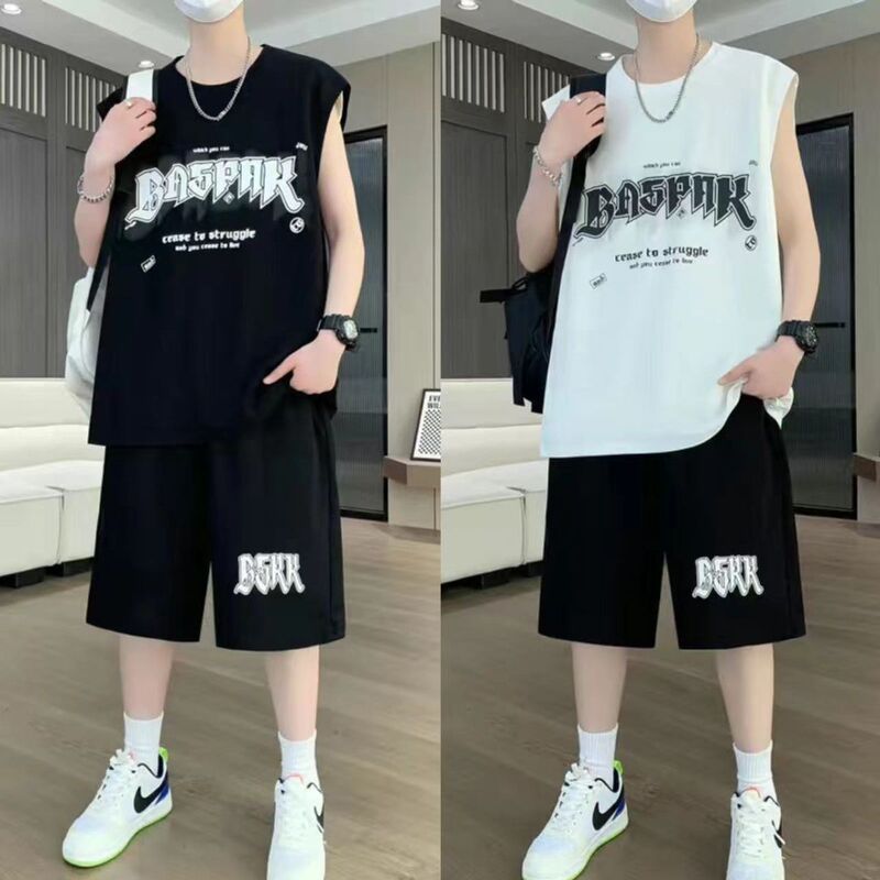 Teenager New Vest Sports suit Male Students Summer Handsome Ice Silk Sleeveless T-Shirt Shorts Casual Set