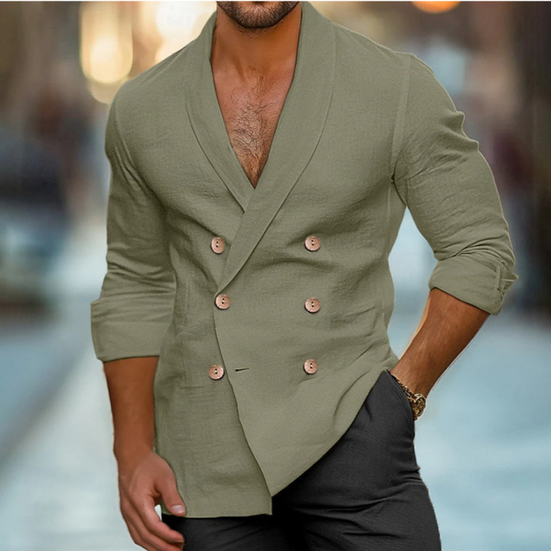 Men's Cross-Border 2024 New Long-Sleeve Solid Color Shirt with Shawl Collar for Spring and Autumn Seasons, Cross-Season Spring and Autumn Clothing with Buttons