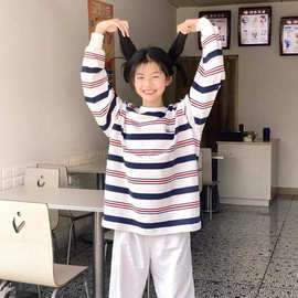 美式复古高街慵懒风条纹oversize女卫衣春秋2025新款长袖t恤上衣