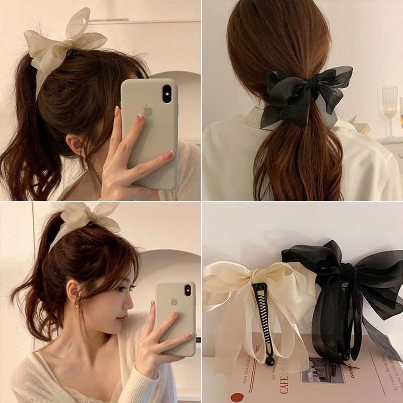 網糸シフォンバナナクリップ縦クリップ馬尾ヘアクリップ後頭部蝶結び頭飾り気質弾力横クリップ頭飾り|undefined