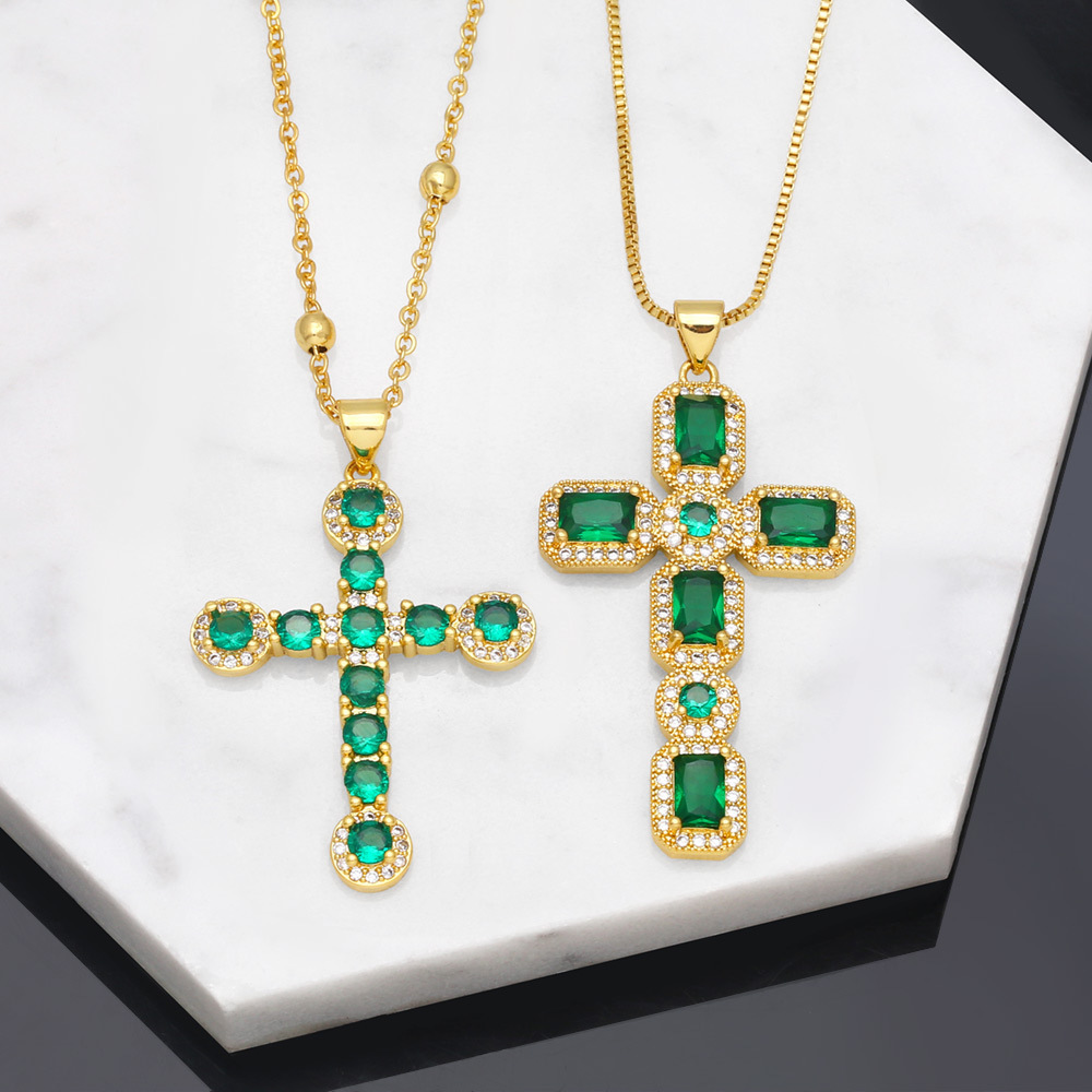 Fashion Female Hip Hop Peacock Green Zircon Cross Pendant Copper Necklace