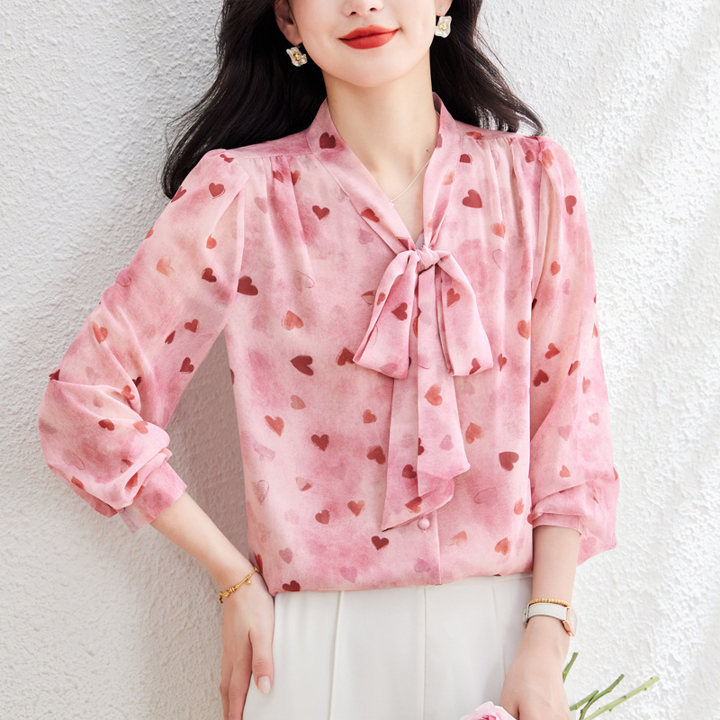 系带碎花淑女显瘦长袖上衣2025秋新款时尚百搭通勤气质衬衫女批发|undefined