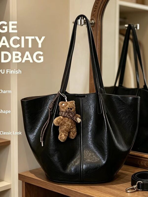 Túi tote nữ dáng shopping cổ điển chất liệu PU mềm, túi đeo vai kèm dây đeo — Màu cà phê Không có mặt dây chuyền, Màu xanh lá cây không có mặt dây chuyền, Trà hạt dẻ nâu không có mặt dây chuyền, Đen không có mặt dây chuyền