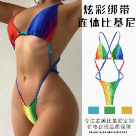 欧美新款彩色绑带ins连体泳衣女跨境爆款bikini跨境定制小量