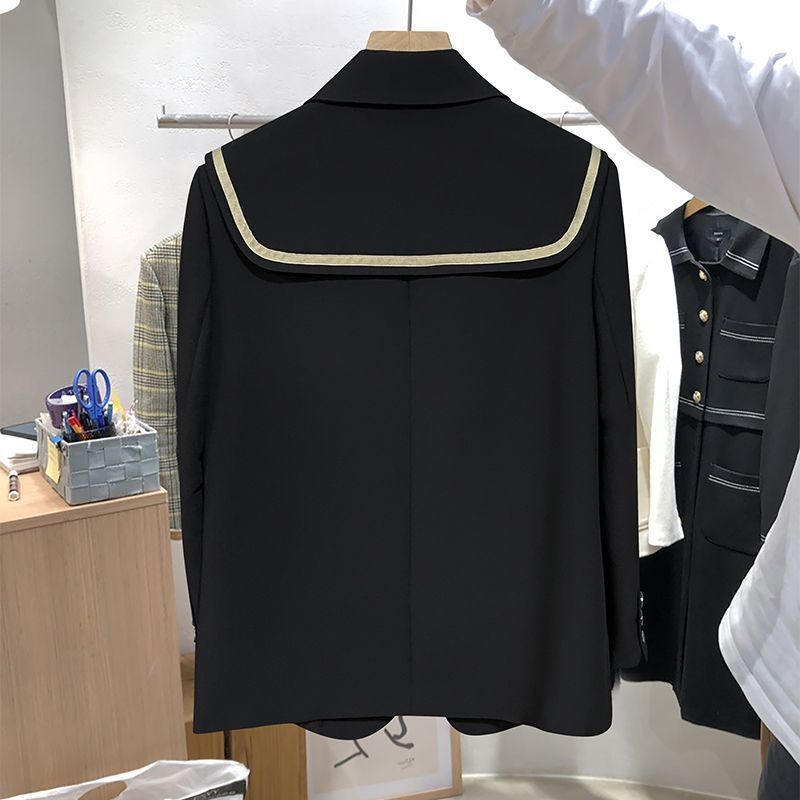 レディースブレザー、新しいスタイル、年齢軽減ファッション、秋の高級ネイビーカラー、小柄な人向けのショートスーツトップ|undefined