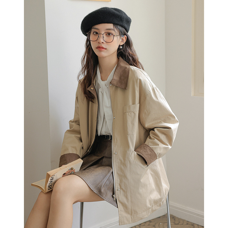 小个子拼色工装风衣外套女2025秋日系文艺小清新撞色翻领风衣夹克|undefined
