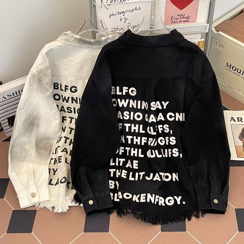 American Style Fashion Brand oversize Casual Back Denim Jacket with Letters for Men and Women Tassel Fringe Couple Jacket
