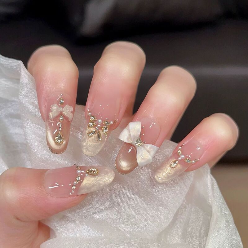 【Golden Lover】Luxury French-style Cat Eye Bow Handmade Press-on Nails Purely Handmade Nail Stickers
