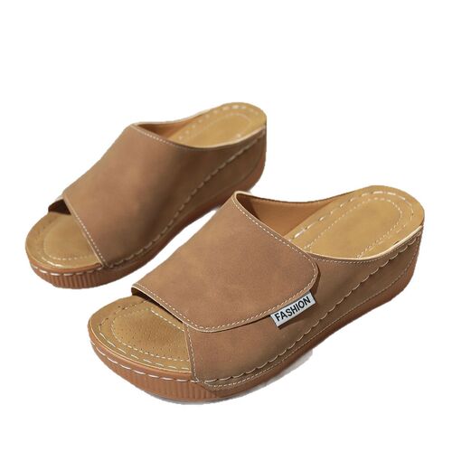 Women's Cross-border Large Size Thick Sole Casual Slippers 2025 New Wide Strap Simple Fashion Fish Mouth Sloped Sole Slippers
