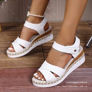 Foreign Trade plus size 43 Wedge Heel Thick-soled Fishmouth Thick-soled Sandals 2025 Summer Linen Sole Beach Outer Wear Open Toe Women's Shoes
