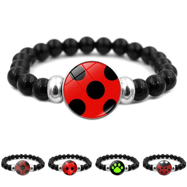 Cartoon Cartoon ladybug bear paw printed beaded bracelet round polka dot time gem black elastic bracelet bracelet jewelry
