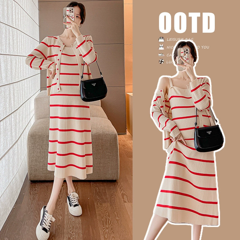 Реальный выстрел 2024 осень и зима новый классический цвет для беременных в полоску сладкое элегантное платье-подтяжка костюм кардиган