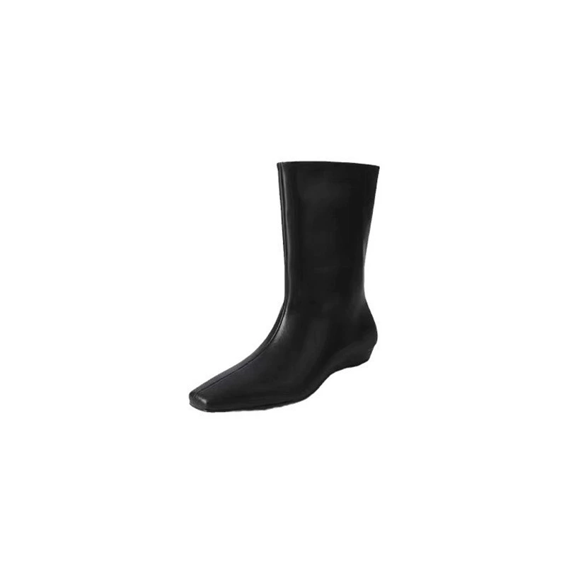  Mid-Calf Low Boots, Korean Style, Square Toe, Black, Sizes 35–40