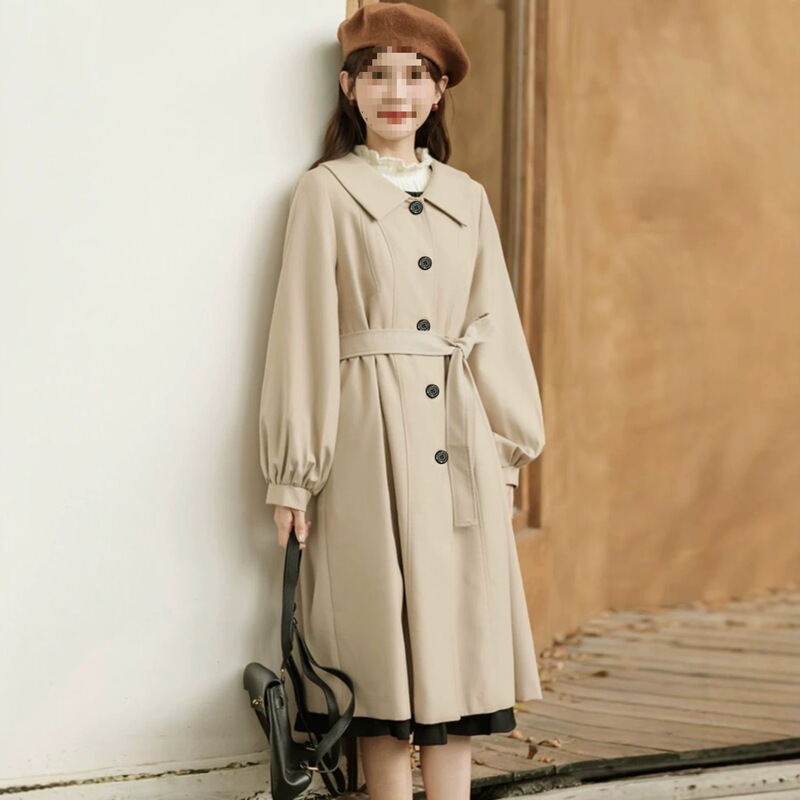 New elegant khaki puff-sleeve button-down lapel trench coat for petite women, long loose-fitting coat for autumn and winter New elegant khaki puff-sleeve button-down lapel trench coat for petite women, long loose-fitting coat for autumn and winter