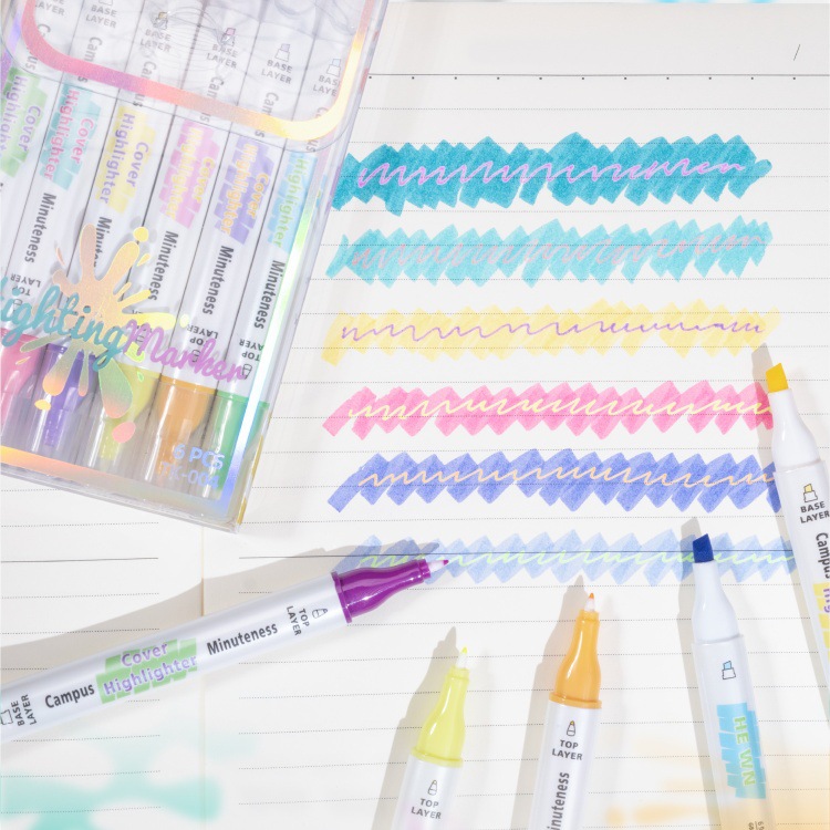 Fabricante resaltador de 6 colores, marcador fluorescente de doble cabezal de color claro, marcador de cuenta de estudiante, bolígrafo de dibujo de color