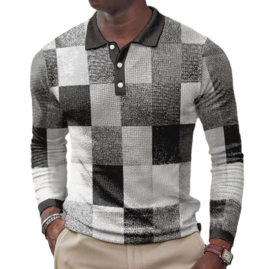 Personalidad retro tejido en contraste de color cuadrado estampado 3D casual suelto de manga larga camisa POLO de cuello con botones para hombres