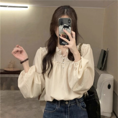 杏色衬衫女长袖2025秋季小个子宽松法式木耳边泡泡袖短款v领上衣