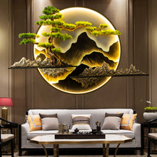 新中式客厅沙发背景墙现代装饰画带灯迎客松挂件圆形茶室玄关壁画