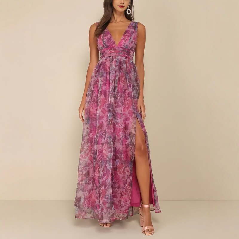 2026 Purple and Pink Gradient Floral Deep V Sleeveless Slit Sheer Long Dress for Weddings and Vacations