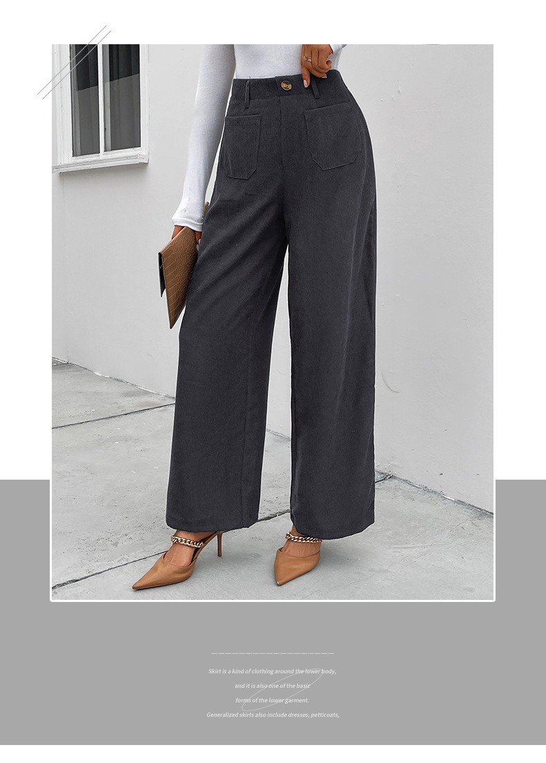 women's autumn and winter loose casual pants commuting high-waisted wide-leg pants corduroy casual button trousers_voghion.com