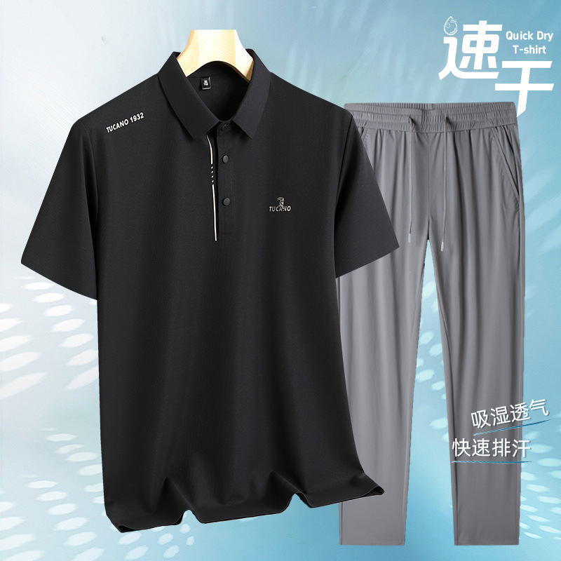キツツキ夏アイスシルクシームレススーツメンズ半袖 Tシャツカジュアルパンツ 2025 新しいお父さんツーピースセット|undefined
