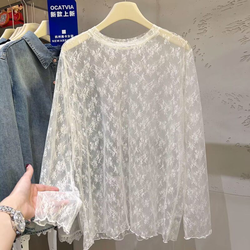 Lace See-Through Long-Sleeved T-Shirt Spring and Summer New Korean Style Loose Round Neck Thin Sun Protection Cover-Up Shirt for Women